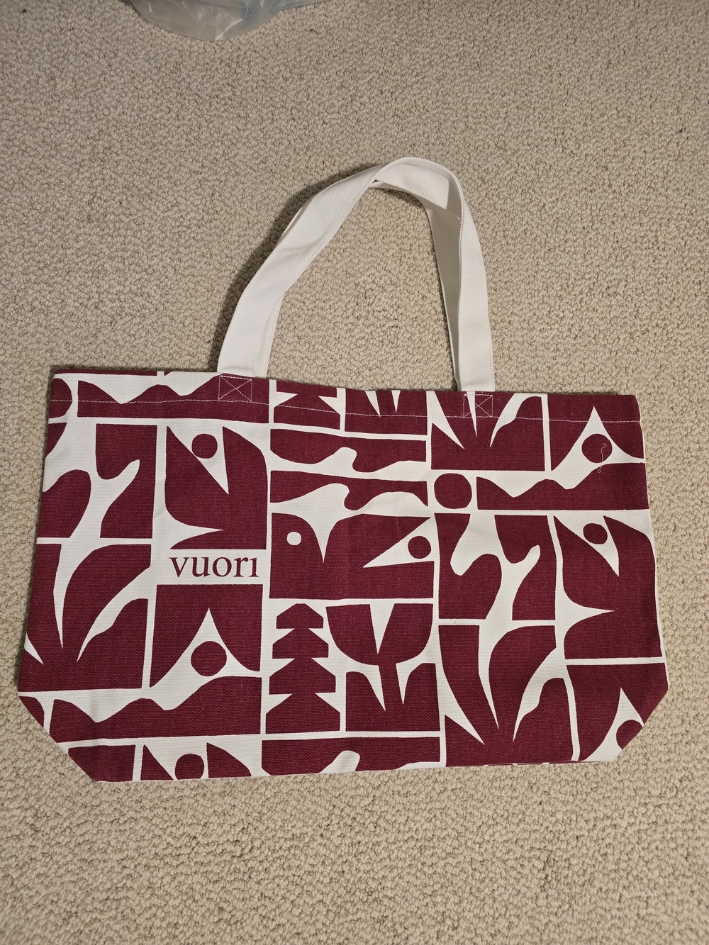 Vuori White and Burgundy Canvas Tote Bag